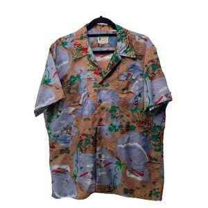 Waikiki Holiday Vintage Shirt Mens‎ Blue Brown Hula Hawaii Beach Surf Palm Boat